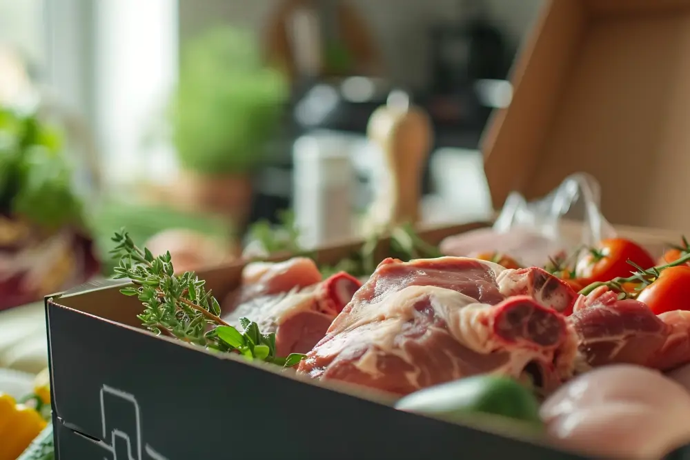 An open box of raw meat cuts packed with herbs and tomatoes on a kitchen counter