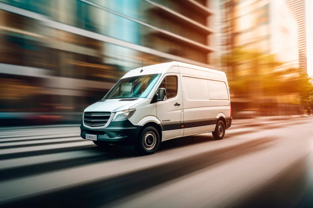 A white cargo van driving past downtown buildings, motion-blurred to show its speed