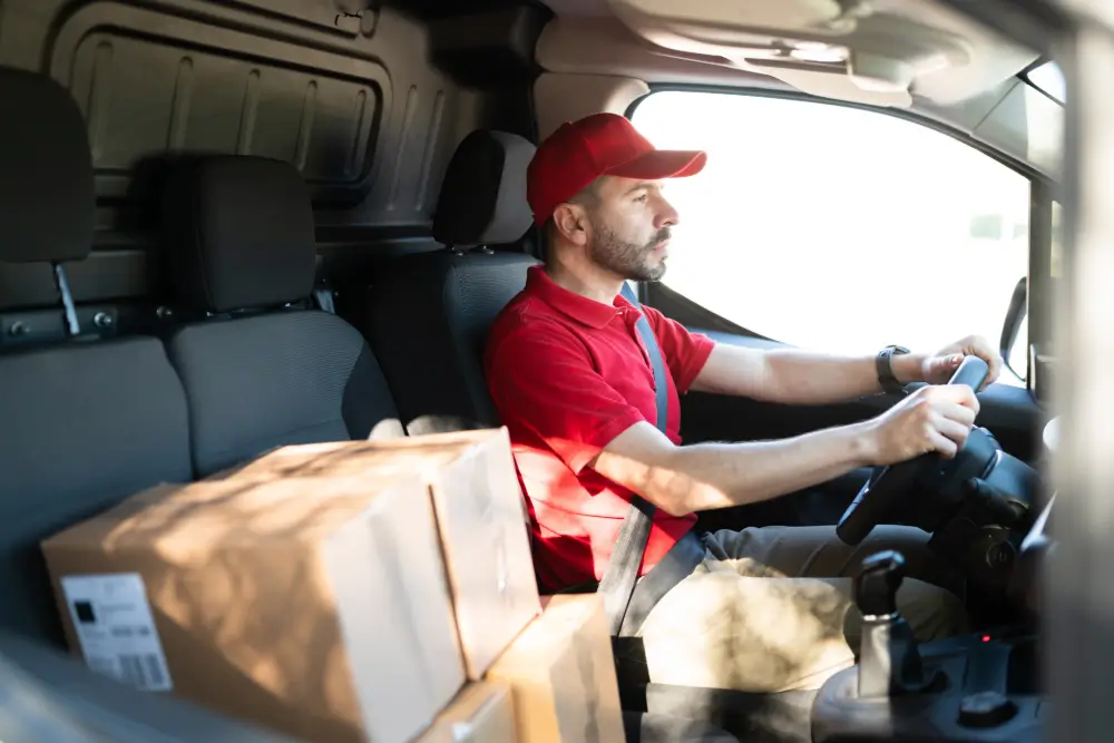 A driver in a red cap at the wheel of a van, parcels stacked on the passenger seat