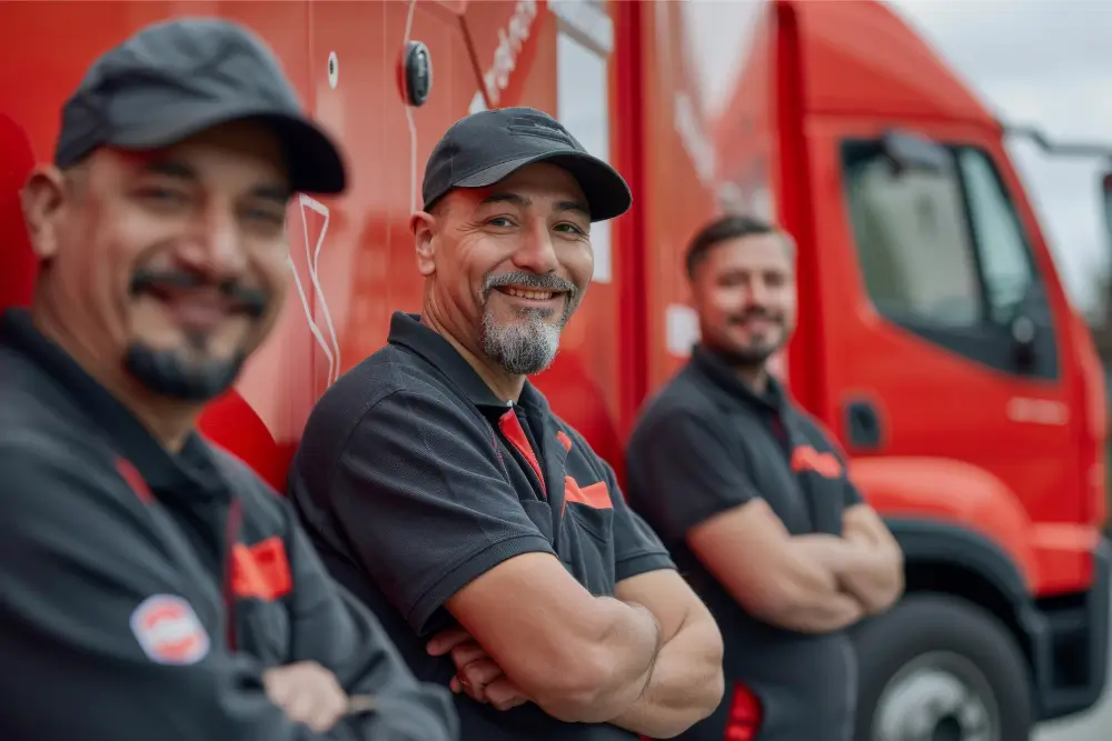 Three drivers in matching caps and polo shirts standing with folded arms beside a red truck