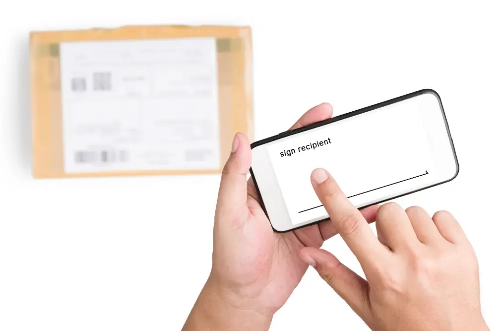 Hands signing on a phone screen headed Sign recipient, a labelled parcel behind