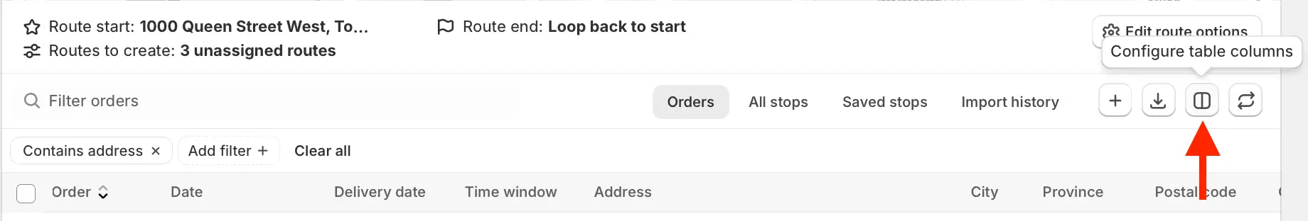 The EasyRoutes Orders page with a red arrow pointing to the Configure table columns button above the order table