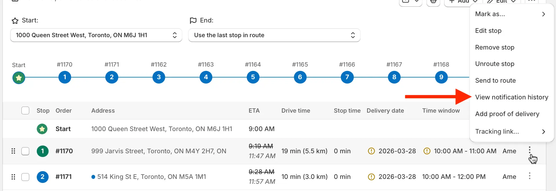 A stop's Actions menu open on a route page, with a red arrow pointing to View notification history