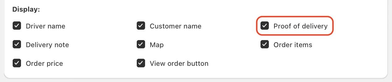 The tracking page Display options with every box ticked and Proof of delivery circled