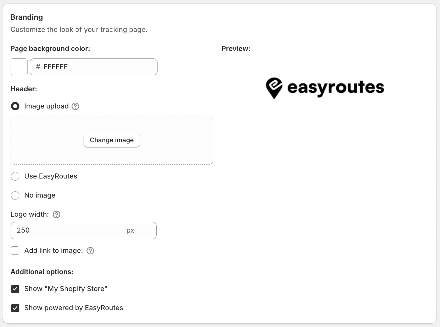 The tracking page Branding section with a white page background colour, an uploaded logo in the Preview and Logo width 250 px