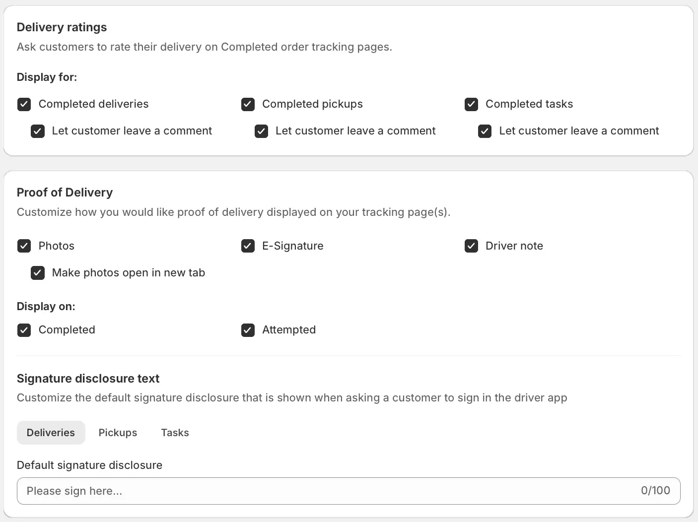 The Delivery ratings and Proof of Delivery sections, with ratings and comments ticked for all stop types and Photos, E-Signature and Driver note ticked