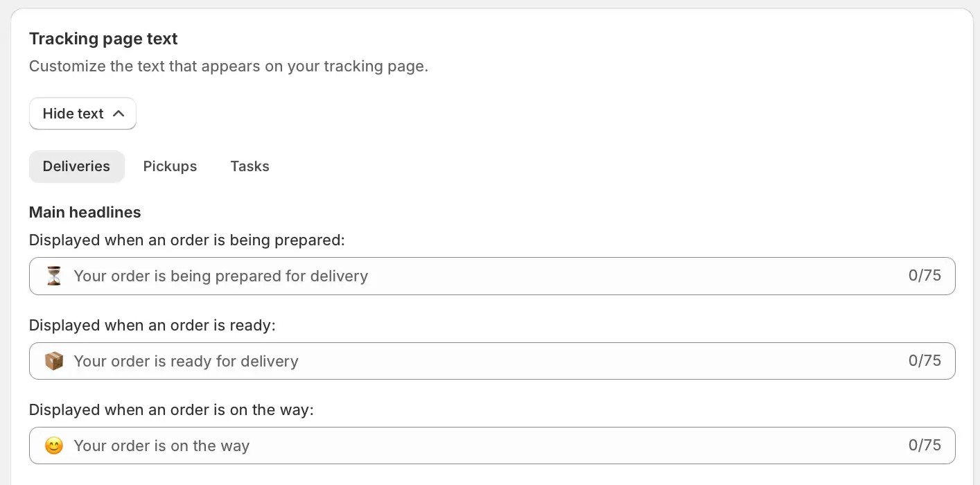 The Tracking page text section on the Deliveries tab, with editable main headlines for prepared, ready and on the way orders