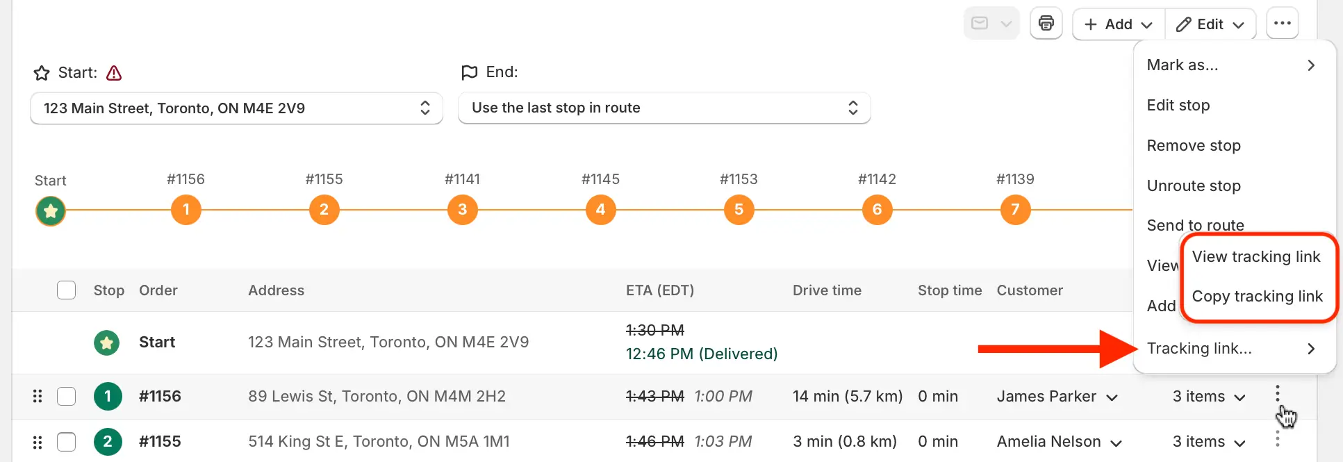 A stop's Actions menu on a route page with Tracking link expanded to show View tracking link and Copy tracking link