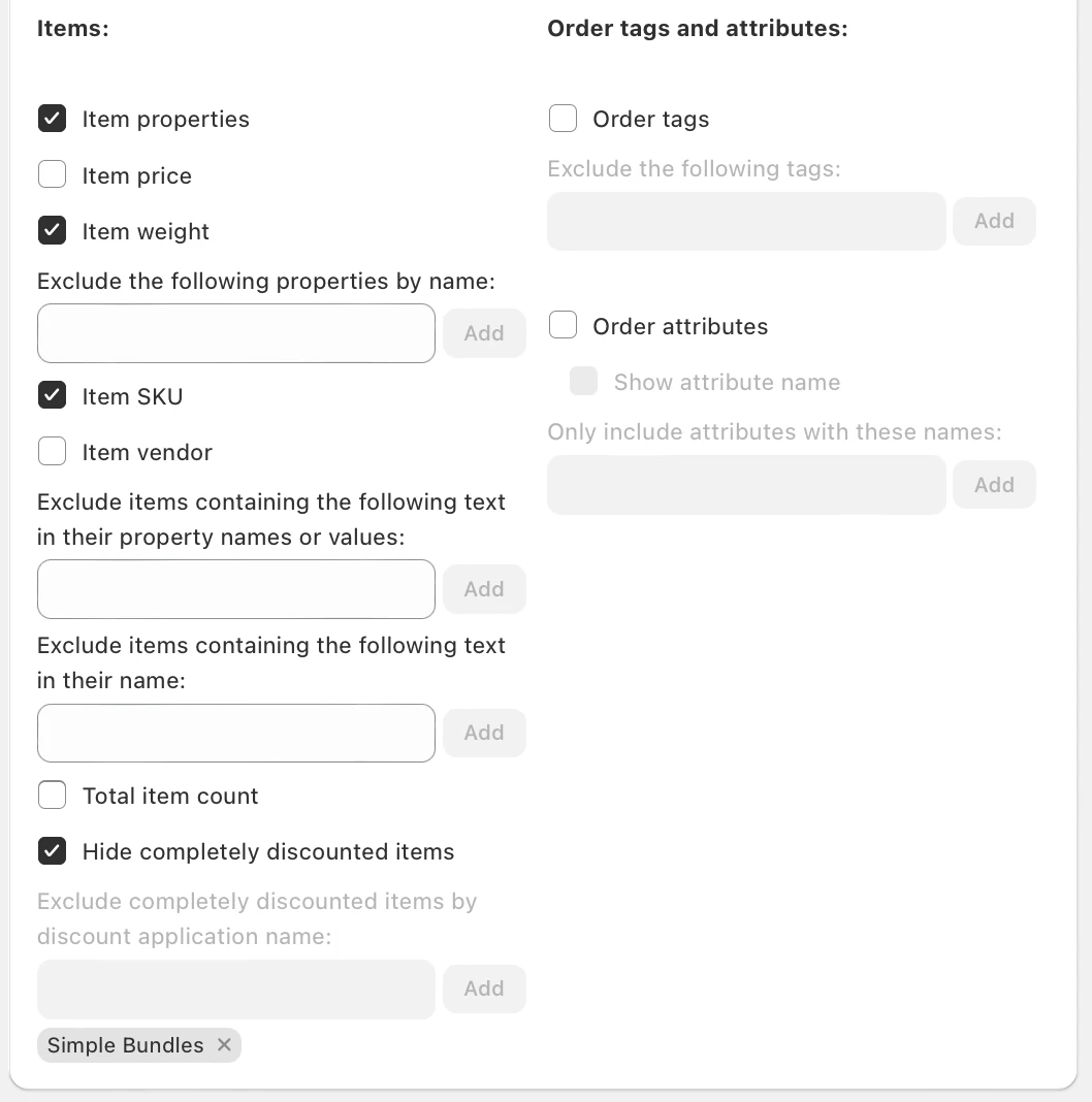 Packing slip Items settings with Item properties, Item weight and Item SKU ticked, beside unticked Order tags and Order attributes options