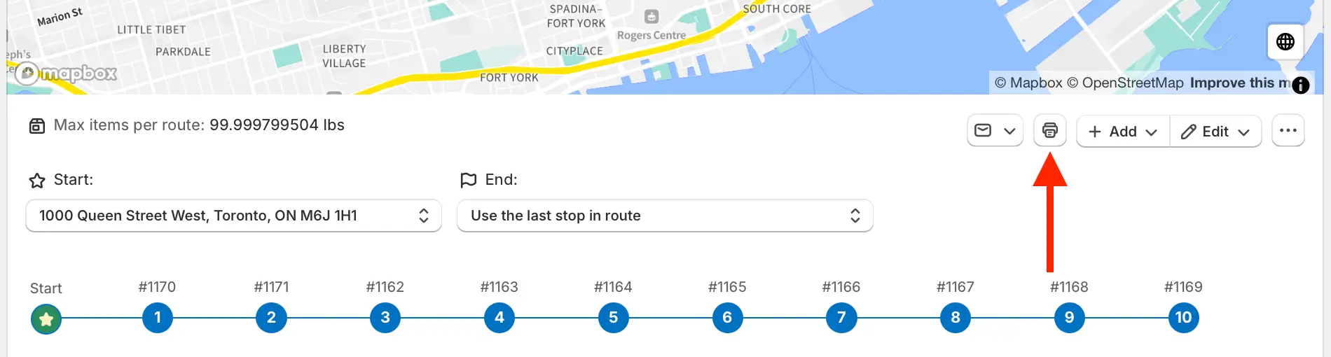 An EasyRoutes route page with a red arrow pointing to the Print icon in the toolbar above the stop sequence