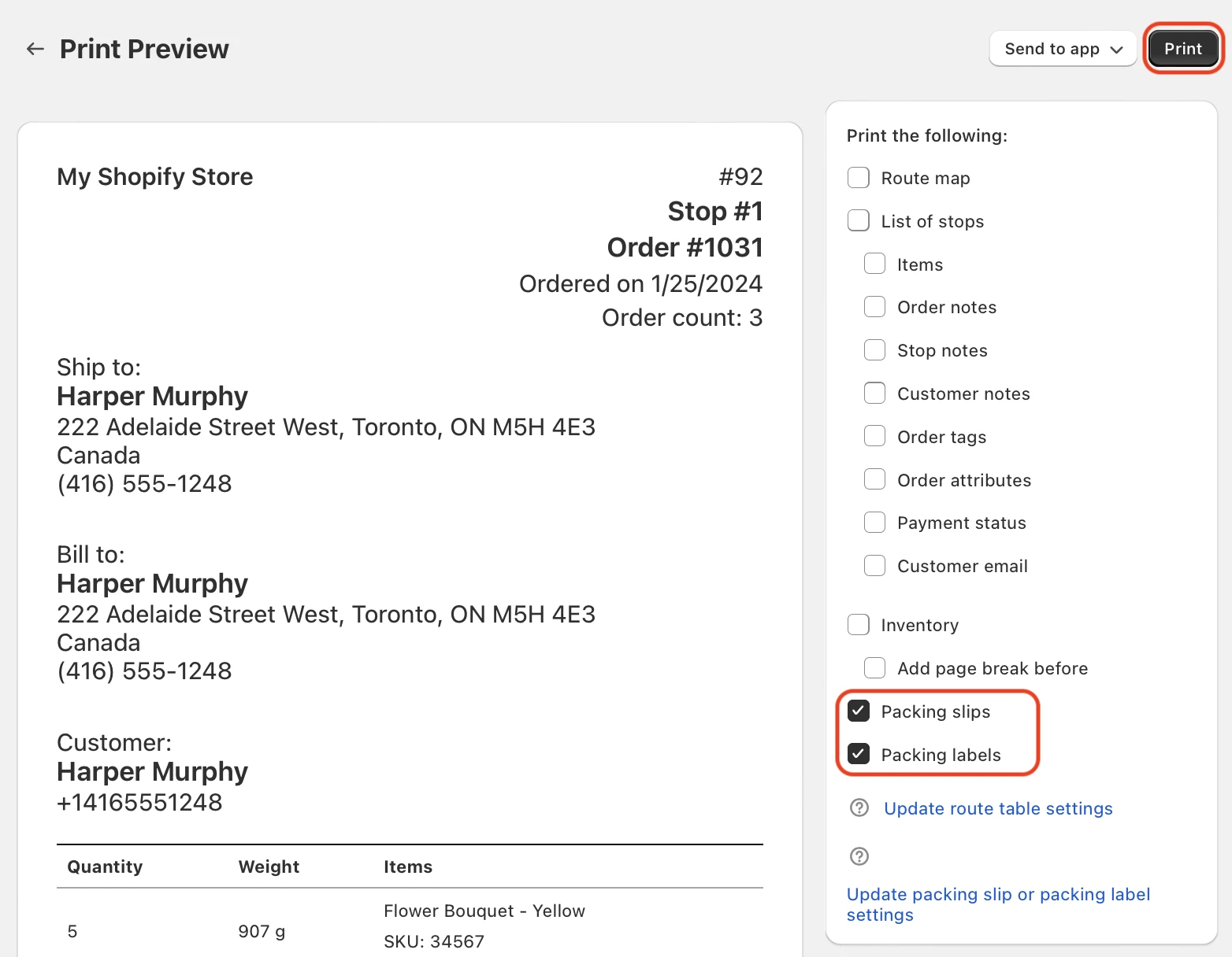 The Print Preview page showing a sample packing slip, with Packing slips and Packing labels ticked and the Print button circled