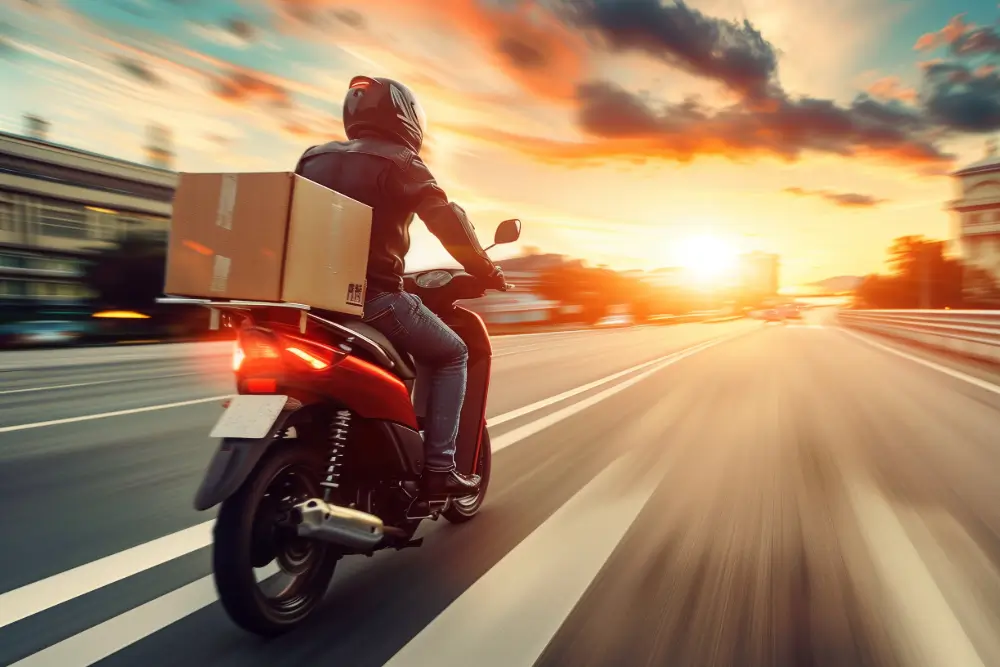 A courier riding a scooter with a large box strapped behind, the road blurred with speed at sunset