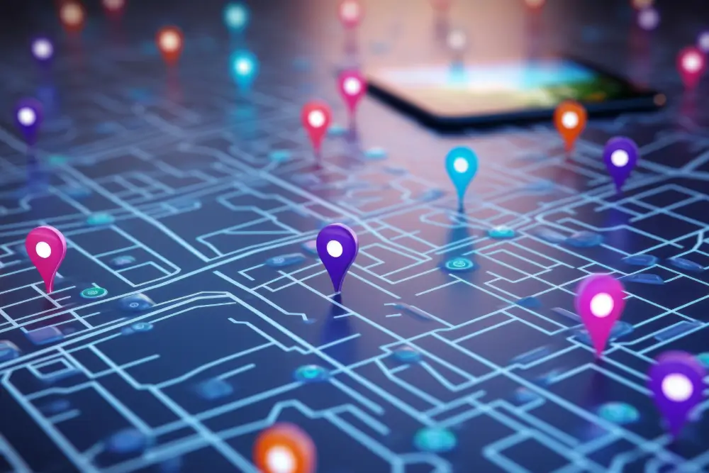 Coloured map pins standing on a glowing digital street grid, a tablet at the edge
