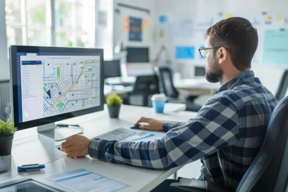 A planner at an office desk working on a route map across a widescreen monitor