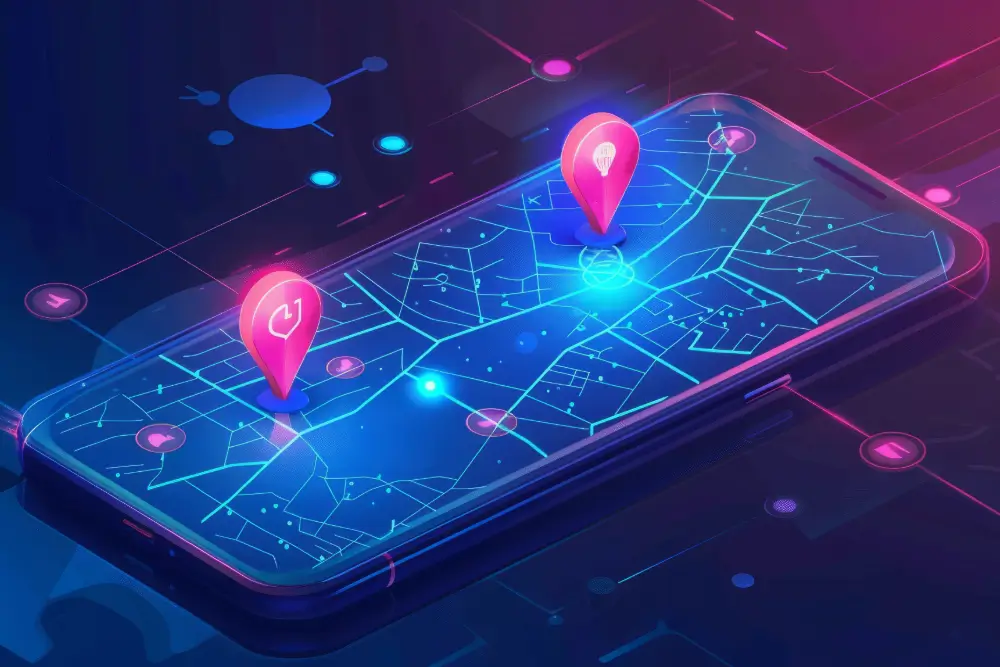 An illustration of a phone showing a glowing street map with two route markers