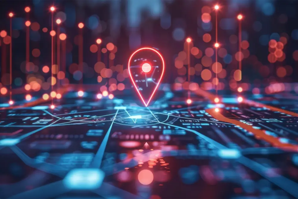 A glowing red location pin above a stylised digital street map