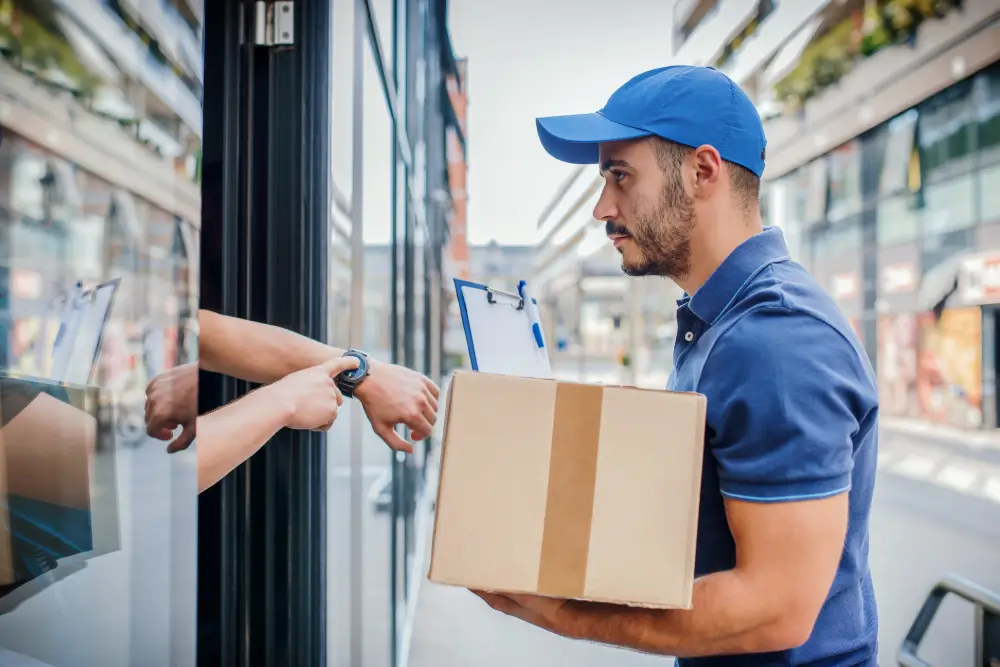 A courier in a blue cap holding a carton and a clipboard while someone reaches out to sign at a storefront