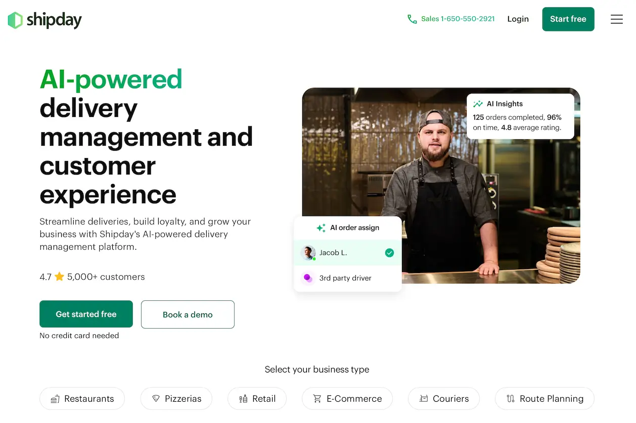 The Shipday home page with the headline “AI-powered delivery management and customer experience” beside a photo of a restaurant worker and an AI order assign card
