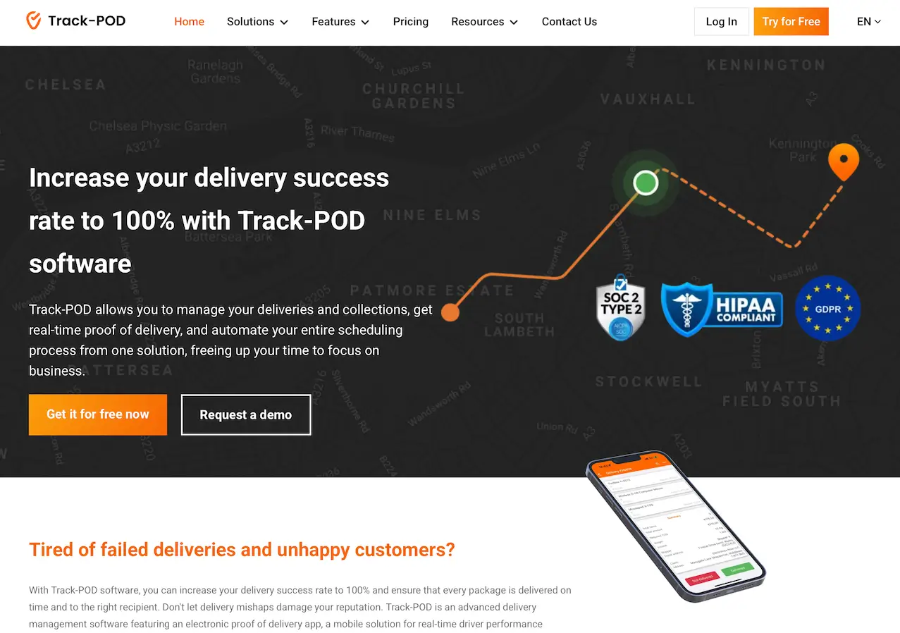 The Track-POD home page with the headline “Increase your delivery success rate to 100% with Track-POD software” over a map of London, with compliance badges