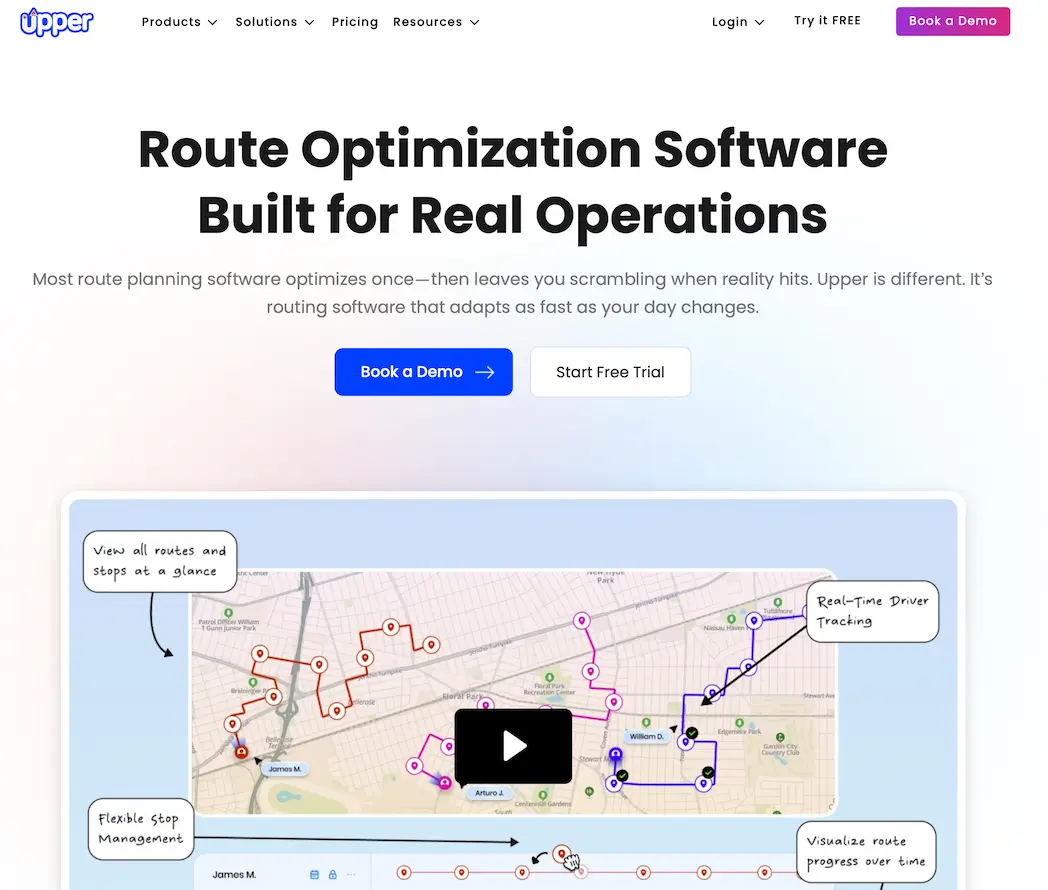 The Upper Route Planner home page with the headline “Route Optimization Software Built for Real Operations” above an annotated map of colour-coded driver routes