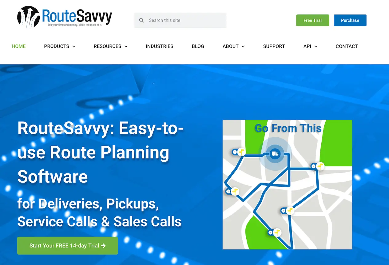 The RouteSavvy home page with the headline “RouteSavvy: Easy-to-use Route Planning Software” beside a tangled “Go From This” route diagram, with a 14-day trial button