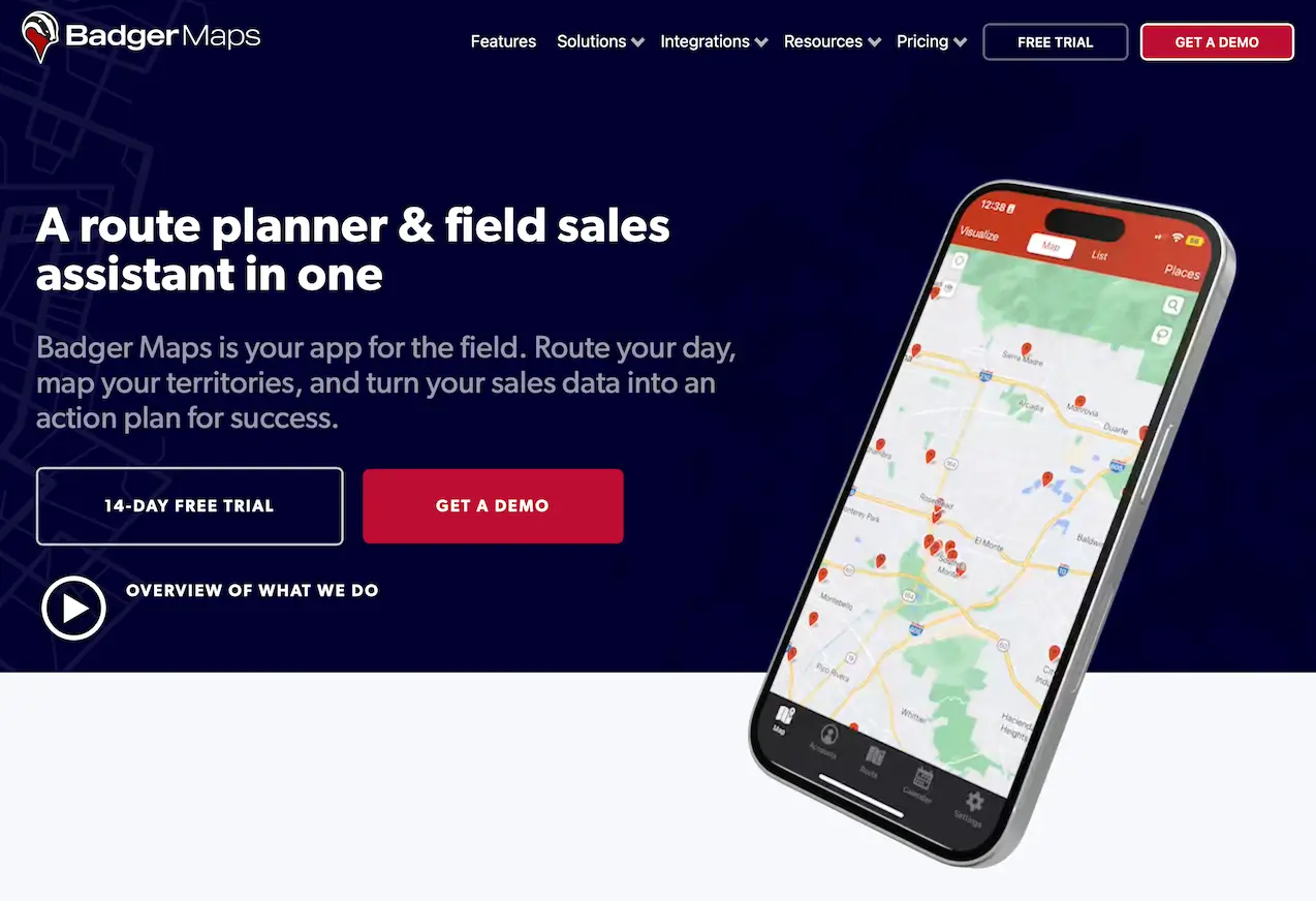 The Badger Maps home page with the headline “A route planner & field sales assistant in one” beside a phone showing a map of red account pins