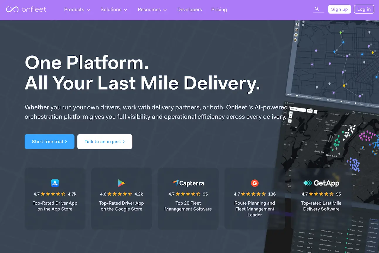The Onfleet home page with the headline “One Platform. All Your Last Mile Delivery.” beside dark dispatch maps, above a row of review-site ratings