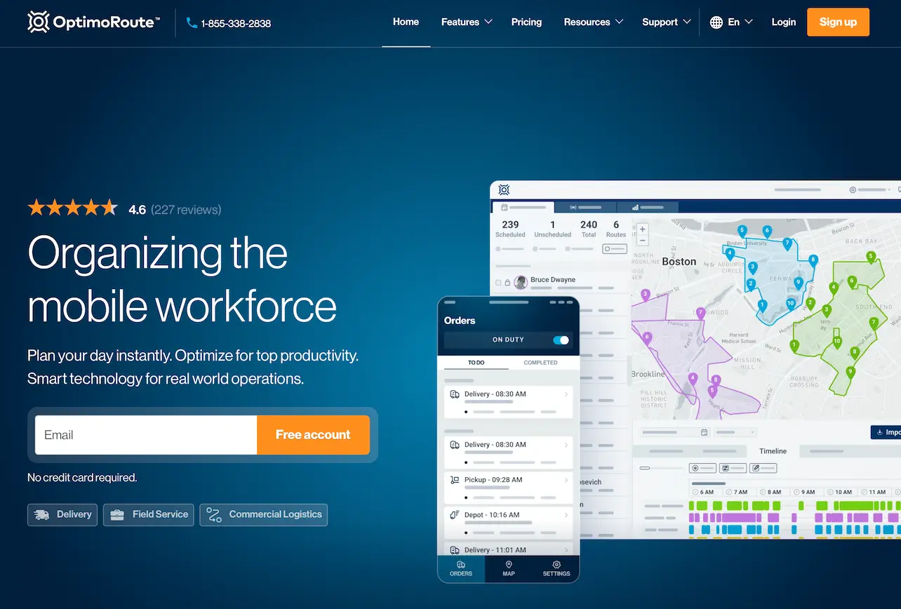 The OptimoRoute home page with the headline “Organizing the mobile workforce” beside a Boston route map and a phone showing the driver's Orders list