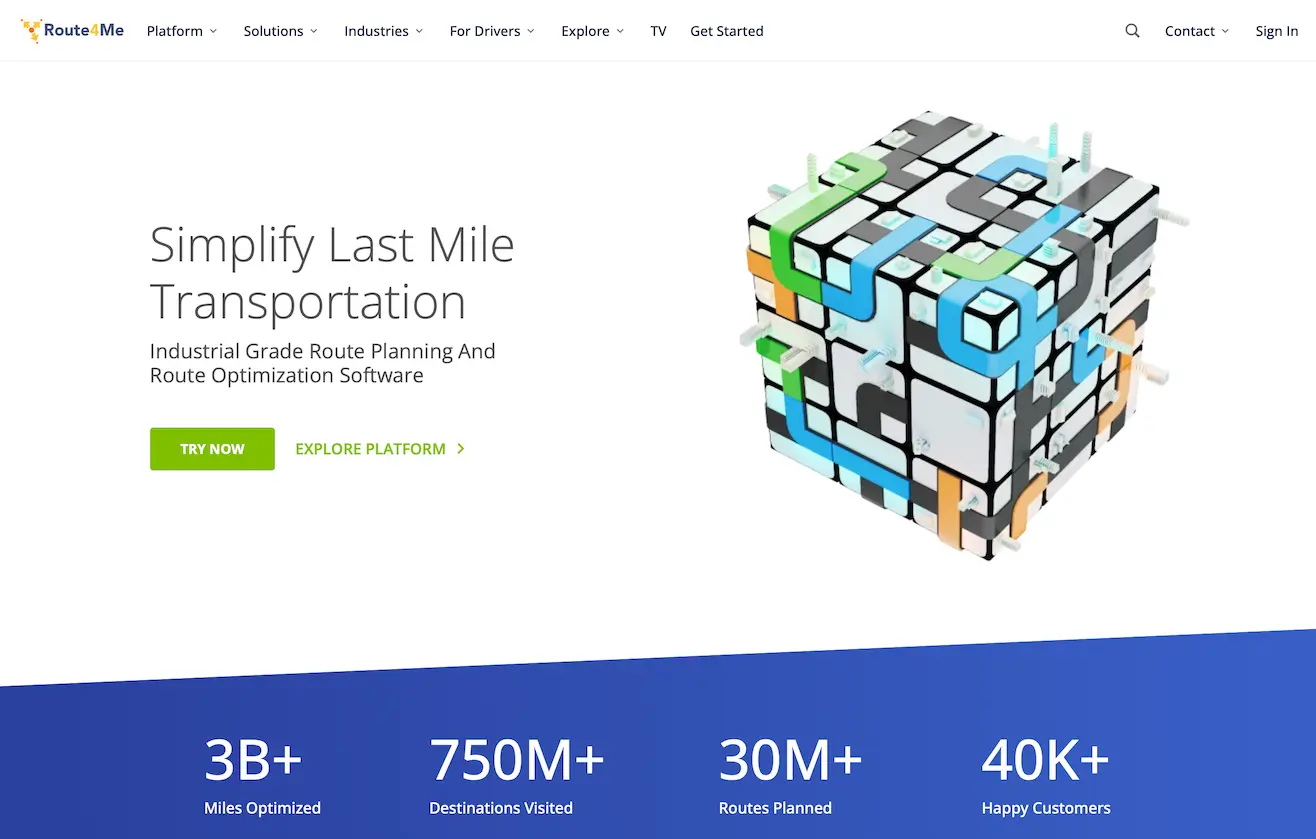 The Route4Me home page with the headline “Simplify Last Mile Transportation” beside a cube of route tiles, above counts of miles optimized and routes planned