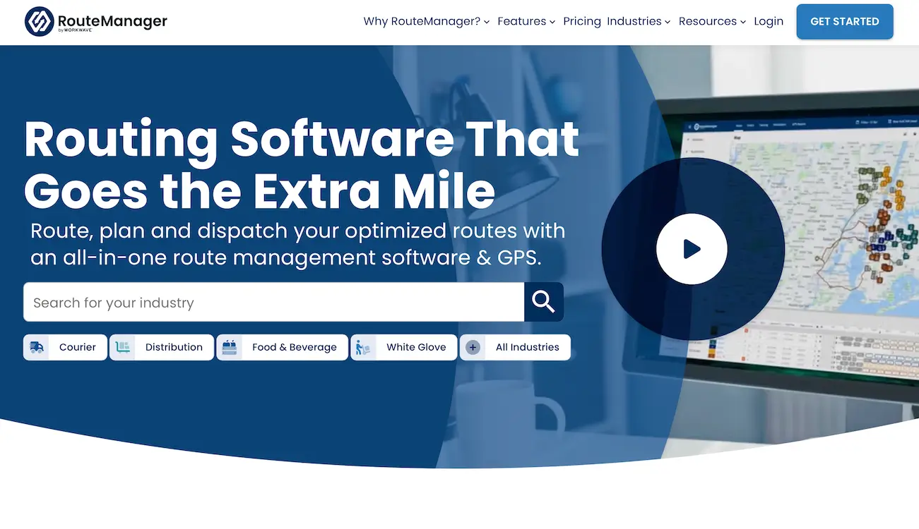 The WorkWave RouteManager home page with the headline “Routing Software That Goes the Extra Mile,” an industry search box and a video over a route map on a monitor