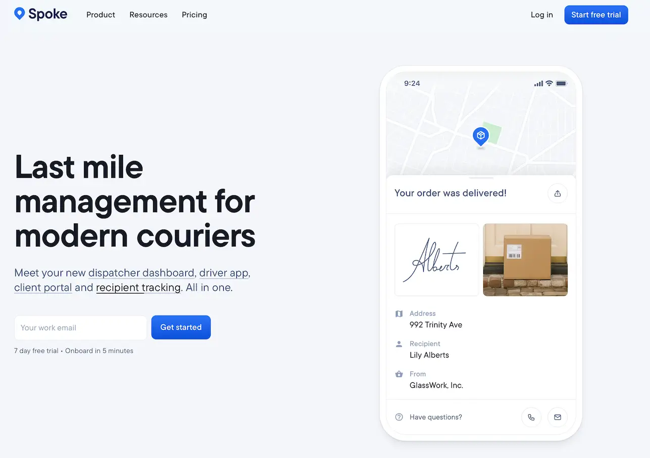 The Spoke home page with the headline “Last mile management for modern couriers” beside a phone showing a delivered order with a signature and a photo of the parcel