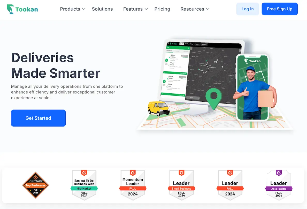 The Tookan home page with the headline “Deliveries Made Smarter” beside a dispatch dashboard and a phone with a smiling courier, above a row of G2 award badges
