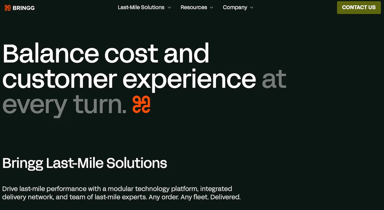 The Bringg home page with the headline “Balance cost and customer experience at every turn.” in white and grey type on a dark background