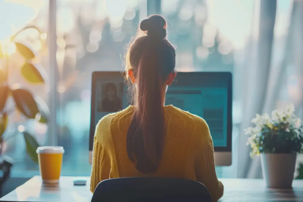 Someone seen from behind at a desk, on a video call at a monitor