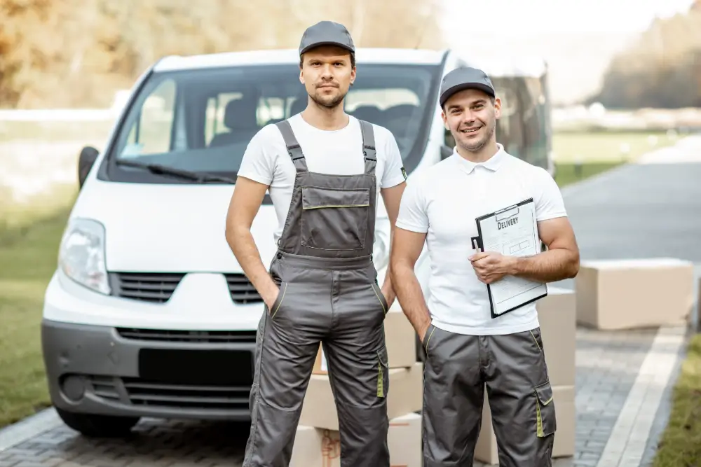 Two delivery workers in grey uniforms in front of a white van, one holding a clipboard marked Delivery