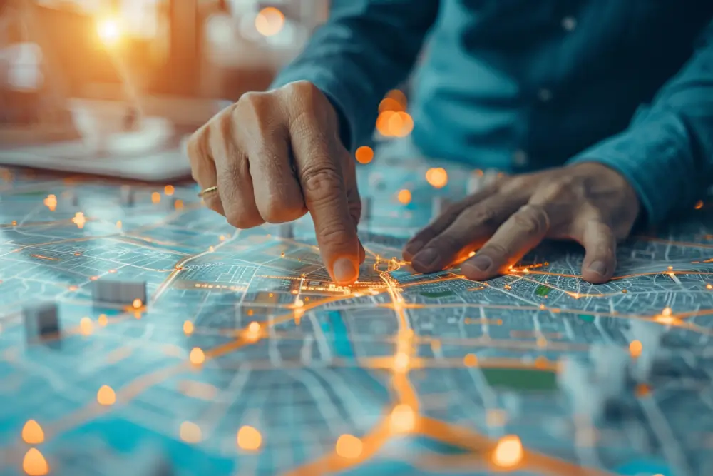 Hands over a city map lit with glowing orange route lines and location markers