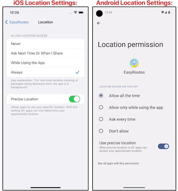 iOS and Android location settings side by side, both granting EasyRoutes location access at all times with precise location on