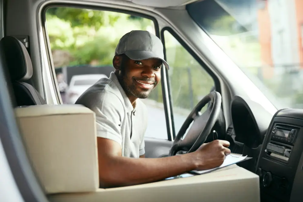 A delivery driver at the wheel of a van signing a clipboard, parcels on the passenger seat