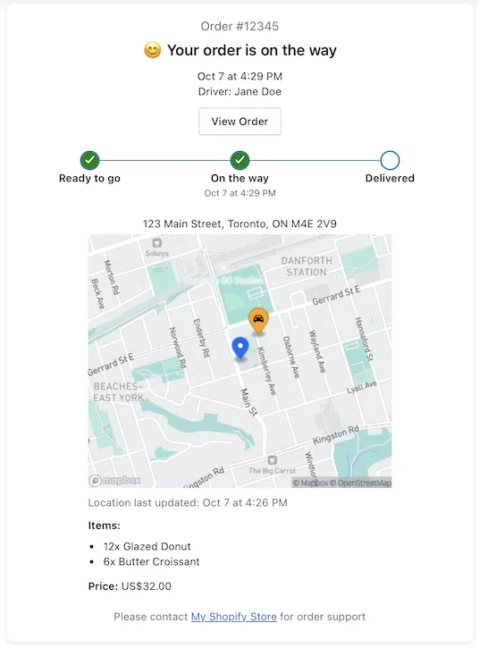 A customer tracking page for order #12345, on the way, with a progress bar, a map showing the driver approaching, and the items and price